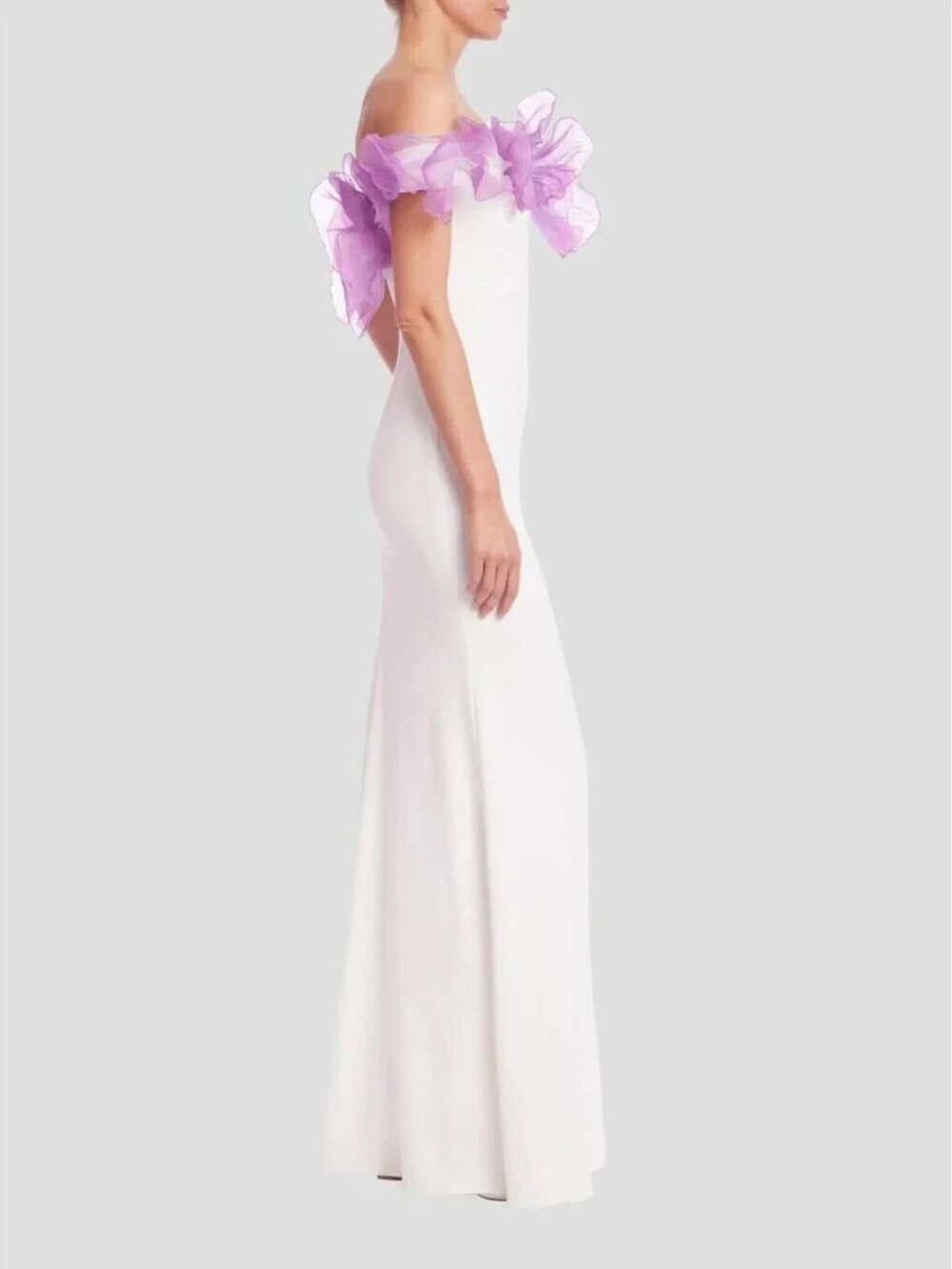 Badgley Mischka Ivory Lavender Flower Off Shoulder Gown - Picture 2 of 3